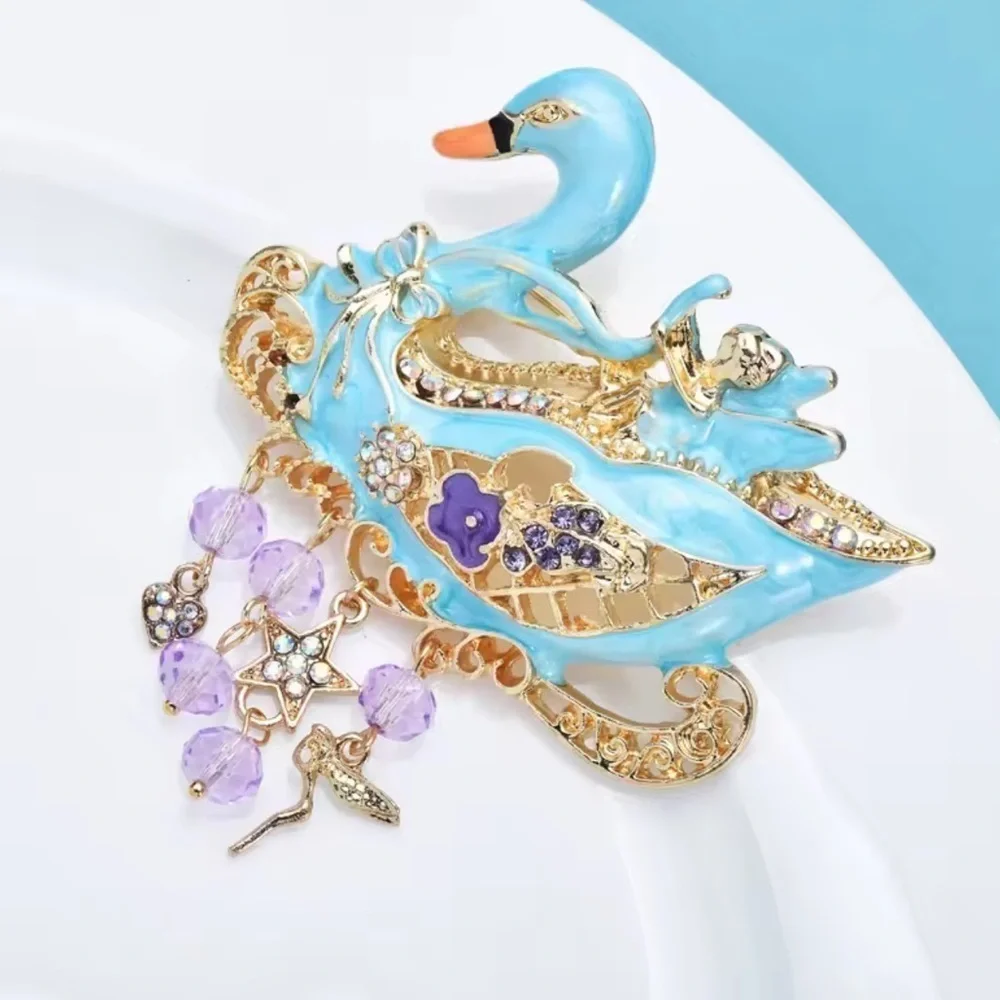 Vintage Blue Swan Gold Enamel Crystals & Charms Brooch